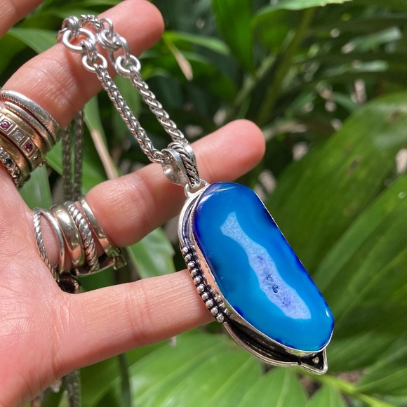 925 sterling silver overlay charm blue geode agate slice gemstone boho necklace - Picture 3 of 15